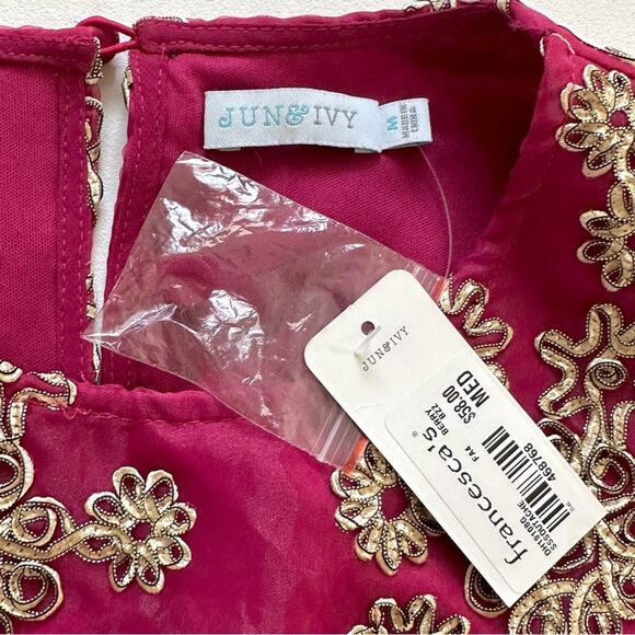 Jun Ivy Dress Berry Gold Floral Brocade Cap Sleeve Pleated Fit Flare Medium NEW - Picture 2 of 12